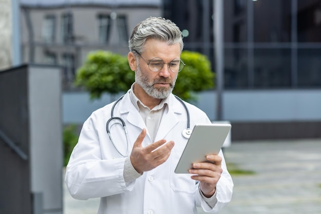 Poważny dojrzały lekarz w fartuchu medycznym poza nowoczesną kliniką przy użyciu komputera typu tablet do rozmowy wideo