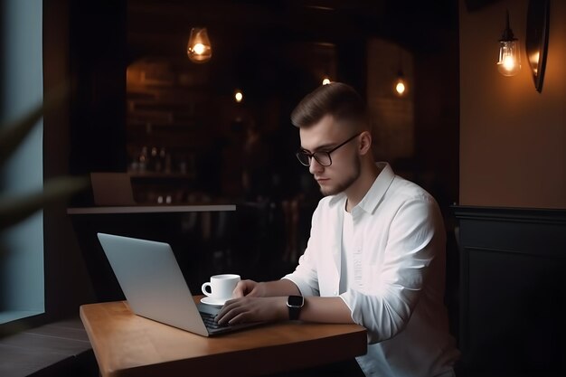 Poważny młody człowiek w okularach używający laptopa siedząc w kawiarni