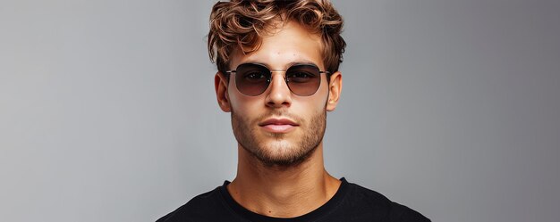 Poważny młody mężczyzna z modnymi okularami przeciwsłonecznymi patrzący na kamerę stojący na szarym tle w studiu