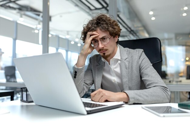 Poważny młody pracownik biurowy z kręconymi włosami głęboko skoncentrowany podczas korzystania z laptopa przy swoim biurku w