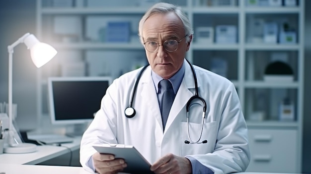 Poważny starszy lekarz w okularach piszący receptę w swoim biurze Ai render