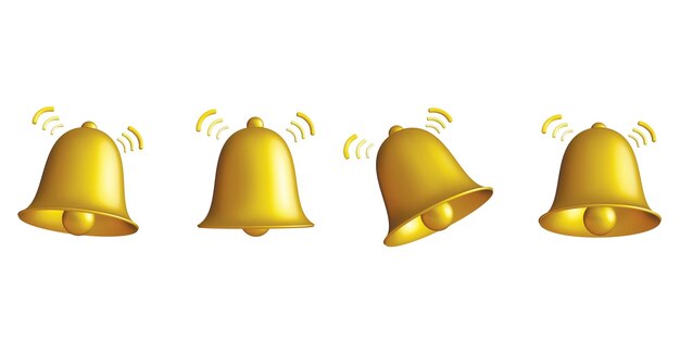 Powiadomienia dzwonka 3D Zestaw żółtych dzwonków Ikona Realistyczny obiekt 3D z symbolem dźwięku kreatywny koncepcyjny symbol powiadomień ilustracja renderowania 3D
