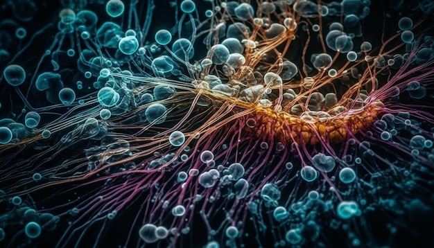 Powiększone komórki rakowe pokazują chaos struktury molekularnej generowany przez sztuczną inteligencję