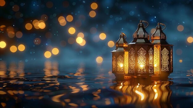 Powierzchnia wody ze złotymi światłami latarni i gwiazd ciemny Eid alFitr tło AI generowane