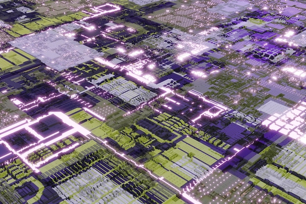 Powierzchnia z neonowymi świecącymi elementami, która jest abstrakcyjnym i futurystycznym geometrycznym wzorem schematu