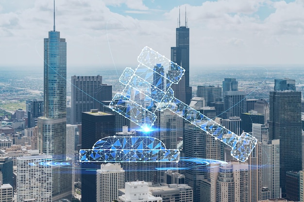 Powietrzna panorama miasta Chicago centrum miasta czas dzienny Illinois USA Widok z lotu ptaka drapacze chmur Skyline Świecące hologramowe ikony prawne Pojęcie przepisów porządku prawnego i cyfrowej sprawiedliwości