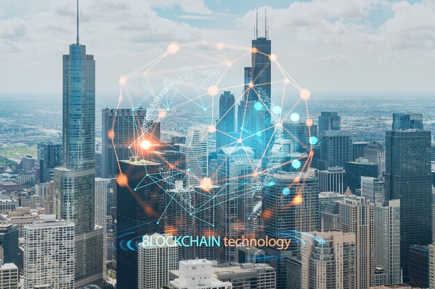 Powietrzna Panorama Miasta Chicago Centrum Miasta I Jeziora Czas Dzienny Illinois Usa Widok Z Lotu Ptaka Wieżowce Dzielnica Finansowa Zdecentralizowana Gospodarka Koncepcja Kryptografii Blockchain Hologram