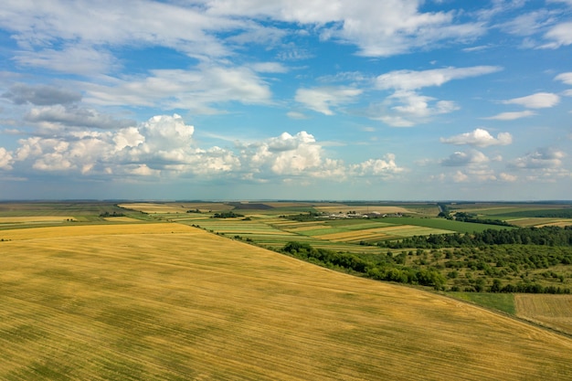 Powietrzny wiejski krajobraz z żółtymi łatającymi rolnictwa polami i niebieskie niebo z białymi chmurami.