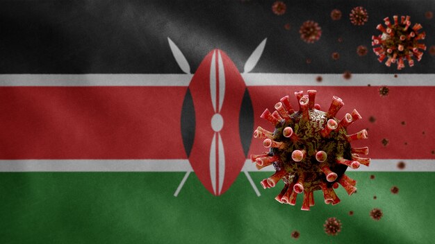 Powiewająca flaga Kenii z epidemią koronawirusa infekującą układ oddechowy jako groźną grypą.