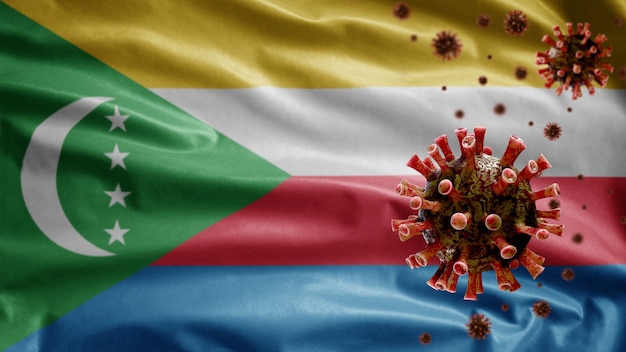 Powiewająca flaga Komorów i wirus mikroskopowy koronawirusa