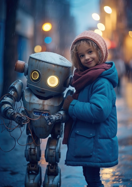 Powrót do koncepcji szkoły, ludzkie dziecko używa robota do upraszczania życia dzięki generatywnej sztucznej inteligencji