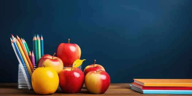 Powrót do szkoły Miejsce na tekst Notatnik i jabłko na stole High photo Generative AI