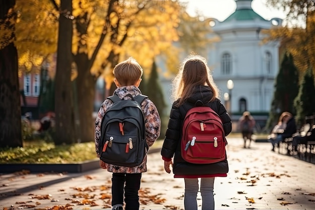 Zdjęcie powrót do szkoły młodzi uczniowie z jasnymi plecakami idą do szkoły dziecko w jesiennym parku idź, aby zdobyć wiedzę droga do szkoły żółte drzewa generatywna ilustracja ai