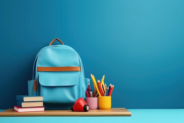 Powrót do szkoły na niebieskim tle torebka szkolna książki akcesoria i kolorowe ołówki Generatywna sztuczna inteligencja