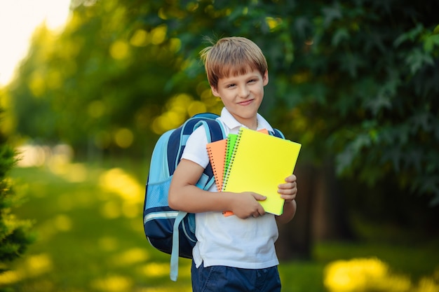 Powrót do szkoły. Portret szczęśliwy uśmiechnięty chłopiec dziecko z książkami w ręce w parku.