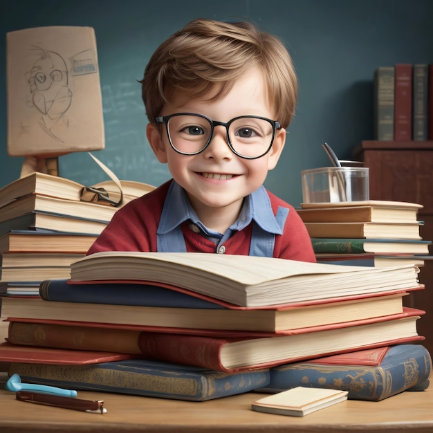 Powrót do szkoły przedwcześnie rozwinięty mały chłopiec w okularach i stos książek chętnych do nauki na stole