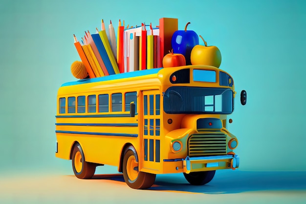 Powrót do szkoły z przyborami szkolnymi i wyposażeniem Autobus szkolny z akcesoriami szkolnymi i książkami