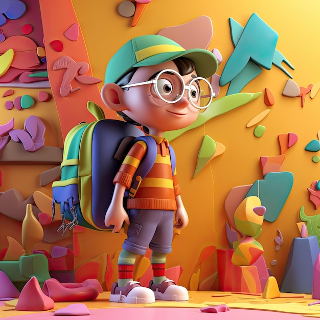 Powrót do szkoły z zabawną, wesołą postacią z kreskówek 3D małego chłopca na kolorowym tle Generative AI