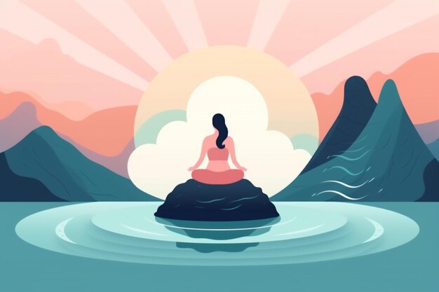 Powrót kobieta medytacja lotos ocean morze relaksacja ćwiczenia osoba styl życia joga Generatywne AI