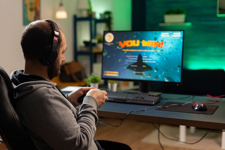 Zdjęcie powrót strzał pro gamer gra online strzelanka na komputerze za pomocą kontrolera bezprzewodowego. konkurencyjny gracz człowiek wygrywający turniej gier wideo korzysta z profesjonalnego sprzętu w domowym studiu gier