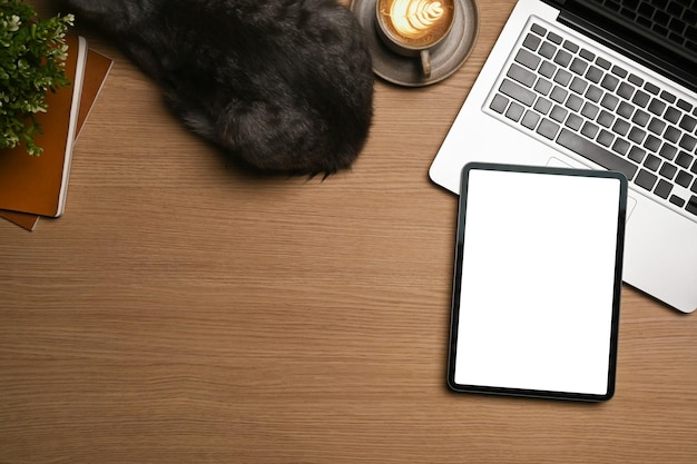 Powyżej widok makiety laptopa z cyfrowym tabletem i kota na drewnianym stole