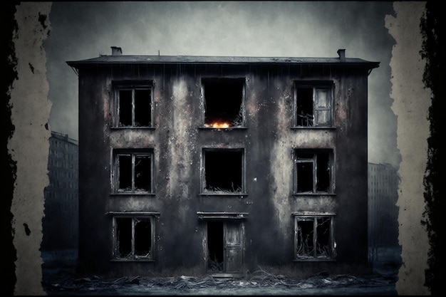 Pożar domu lub domu - zabite deskami okna.