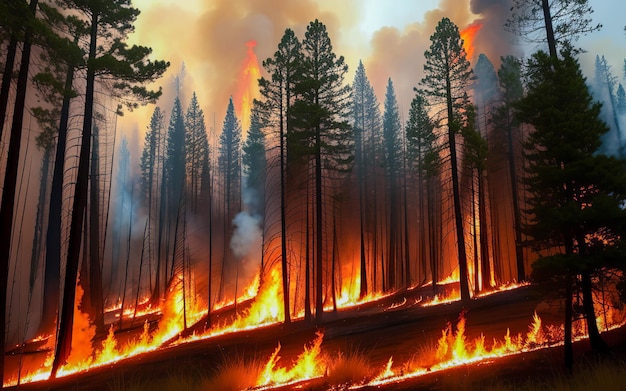 Pożar lasu Fala upałów powoduje szybkie spalenie lasu i zniszczenie sylwetki klęski żywiołowej Pożar lasu Pożar buszu z płomieniami i chmurami dymu generatywne ai