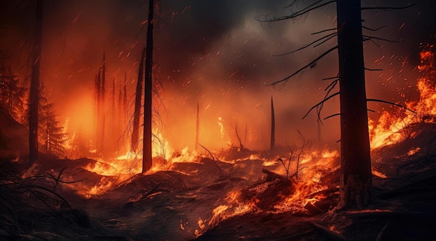 pożar lasu płonie z dużymi drzewami płonącymi w stylu norweskiej przyrody