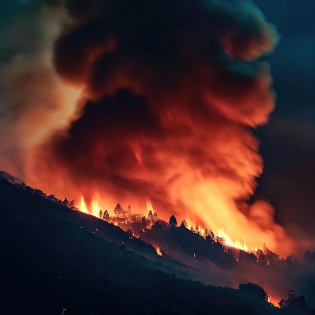 Pożar lasu w nocy na górze z dużym dymem