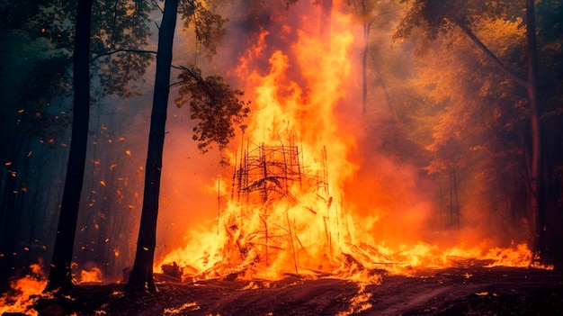 Pożar leśny z płonącymi drzewami Generatywna sztuczna inteligencja