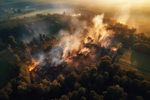Pożar na polu iw lesie Widok z góry Generacyjna sztuczna inteligencja