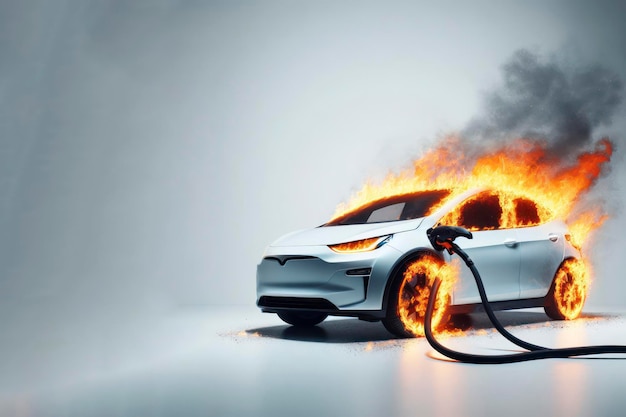 Pożar samochodu elektrycznego podczas ładowania Zagrożenie pożarem samochodu na białym tle ai generatywne