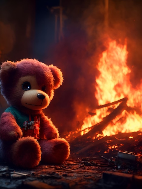 Pożar w mieszkaniu zabawkowy miś dla dzieci przed ogniem Generacja AI