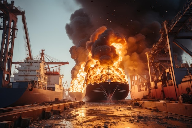 pożar w porcie morskim płonący statek towarowy ze zbożem po wybuchu generującym ai