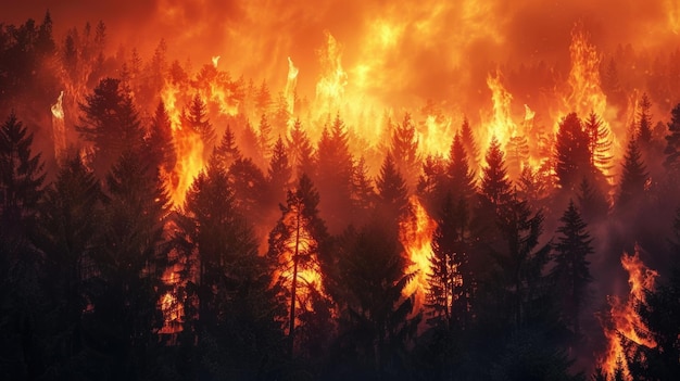 Pożary lasów, płonące drzewa, zniszczenie lasów, sylwetka, klęska żywiołowa, koncepcja ochrony przyrody