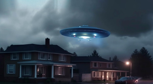 Pozaziemski statek kosmiczny kosmitów lata nad małym miasteczkiem ufo w ciemnym burzliwym niebie AI Generative