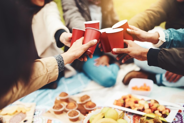 Pozdrowienia Dla Wszystkich Moich Dobrych Przyjaciół Ujęcie Grupy Nierozpoznawalnych Ludzi świętujących Uroczysty Toast Na Pikniku Na Zewnątrz W Ciągu Dnia