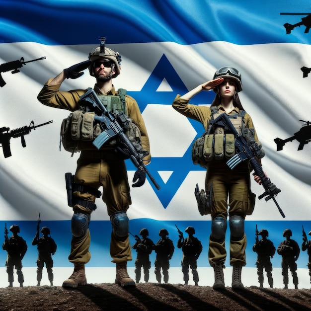 Pozdrowienia dla wybitnych izraelskich żołnierzy na szczycie wzgórza z flagą narodową