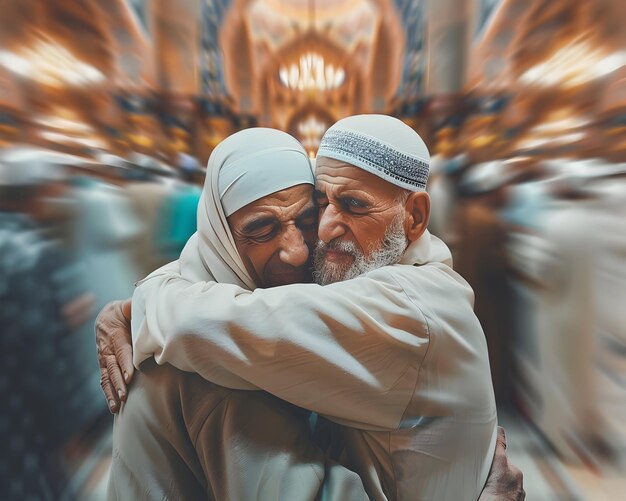 Zdjęcie pozdrowienia eid al adha mężczyźni muzułmanie uściskają się wzajemnie podczas świętowania eid al adha
