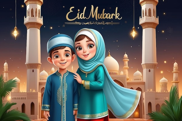 Pozdrowienia Eid Mubarak Słodki chłopiec i dziewczyna Ilustracja wektorowa
