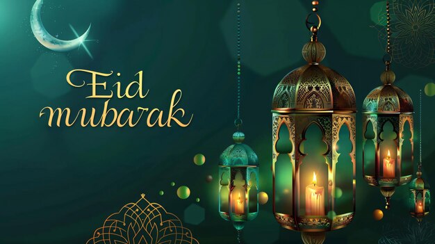 Pozdrowienia Eid Mubarak z islamskim latarnią, księżycem i mandalą na tle