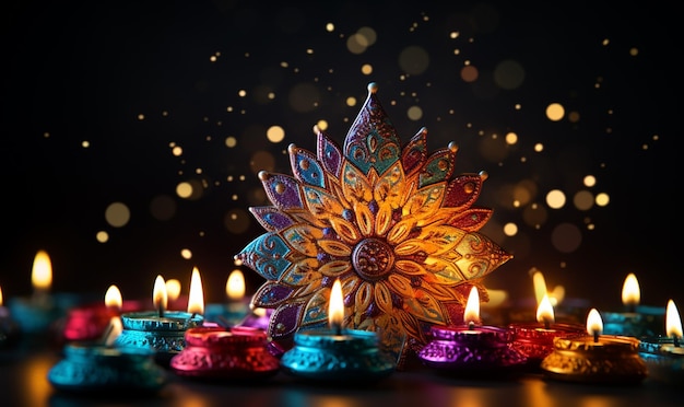 Pozdrowienia z okazji Diwali Święto Diwali Dekoracja Rangoli z Diya lub zapalonymi lampami naftowymi