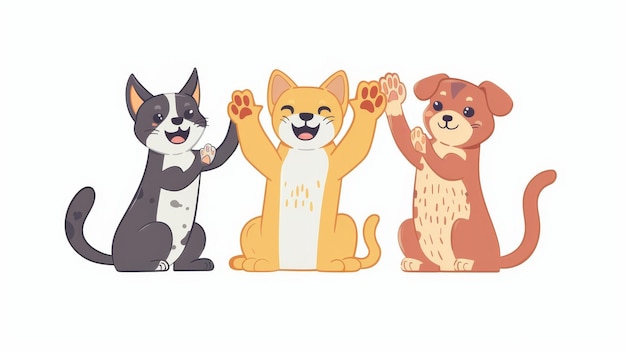 Pozdrowienie z gestem klasztowania psy i koty dają pięć płaskie graficzne nowoczesne ilustracje izolowane na białym