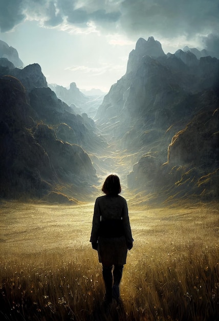 Poziome ujęcie poszukiwaczki przygód kobiety idącej w mgliste góry 3d ilustrowane