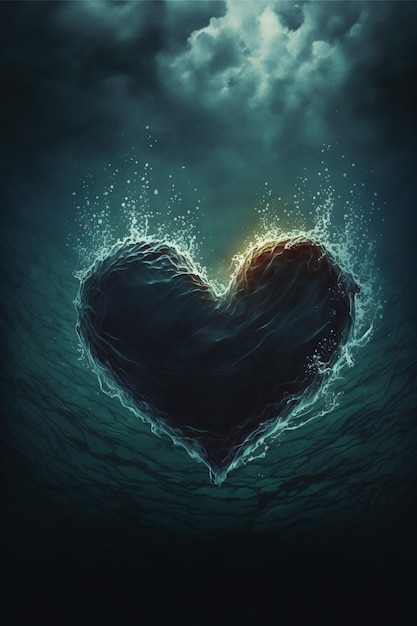 Poziome ujęcie symbolu miłości ciemne serce tonące na morzu