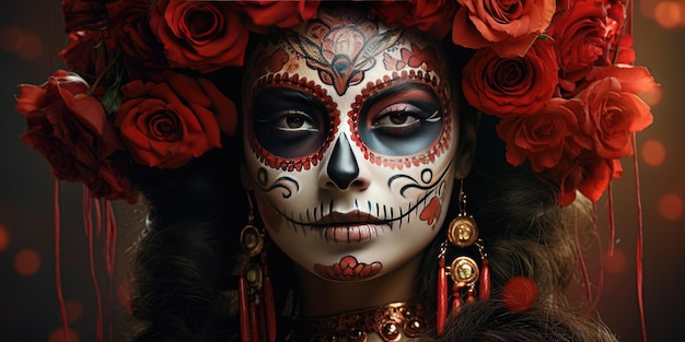 poziomy portret kobiety Dia DE Los Muertos malowanie twarzy Meksykańskie wakacje Generative AI