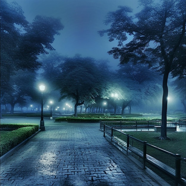 późna jesień o zmierzchu w parku z mgłą