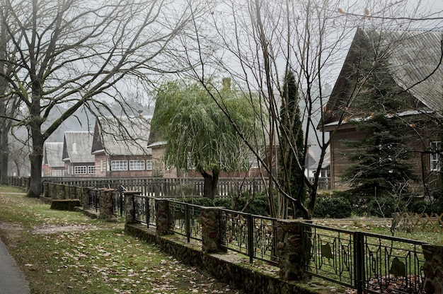 Późna jesień we wsi Mglisty pochmurny dzień