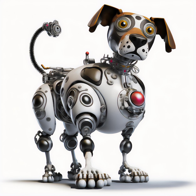 Pozycja psa zostaje przekształcona w futurystyczną ilustrację szczeniaka robota na białym tle