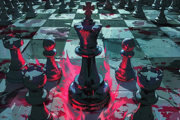 pozycja szachmatu z przegranym królem otoczonym przez zwycięskie kawałki podkreślające znaczenie przewidywania i planowania kreskówka anime manga